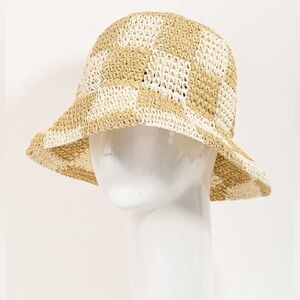Straw Braided Checkered Bucket Hat|Ivory